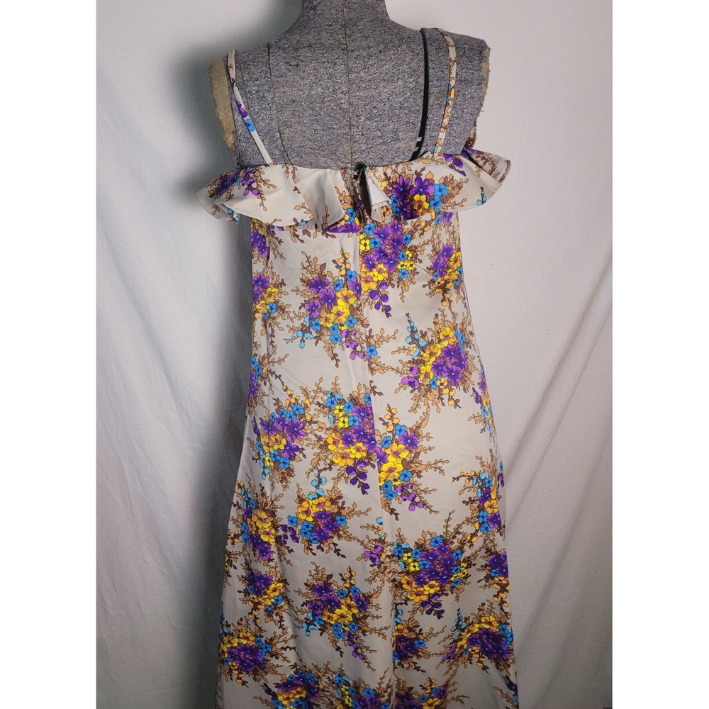 Vintage 60s 70s Handmade Maxi Dress Beige Floral Ruffles Purple‎ Yellow S - Picture 4 of 13